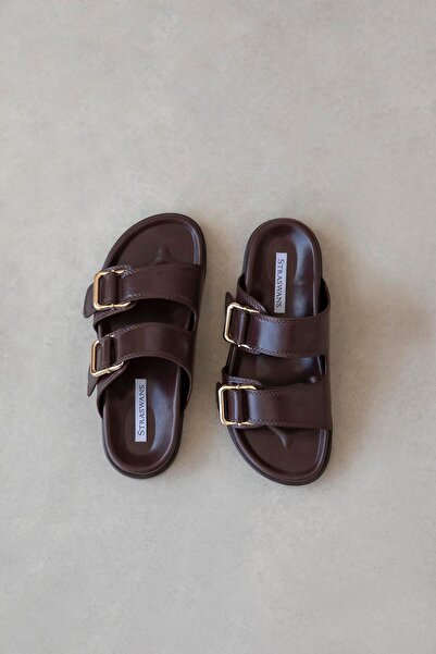 STRASWANS Дамски ежедневни удобни кожени чехли с катарама Axel, кафяви