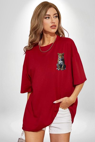 Angemiel Leopard Pattern Wild Animal Red Oversize Women's Men's Front Minimal Printed T-Shirt