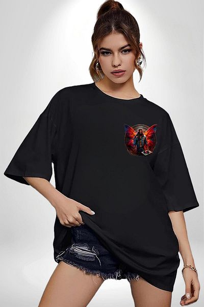 Angemiel Dj Style Design with Red Orange Wings Black Oversize Women Men Front Minimal Printed T-Shirt
