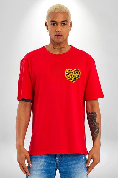 Angemiel Special Design Heart Spring Red Oversize Women's Men's Front Minimal Printed T-Shirt with Sunflower