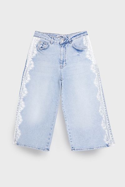 its basic Women's Ice Denim Color 4S5-3 Maxi Size Stripe Lace Detailed 100% Cotton Design Long Bermuda Shorts
