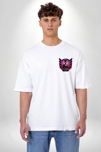 Angemiel White Oversize Women's Men's Front Minimal Printed T-Shirt with Red Fairy Glasses and Music Player