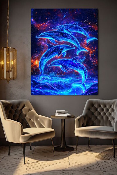 özkacar 4 Delfini Neon Plutind pe Mare Tablou pe Pânză Decor pentru Perete Ac...