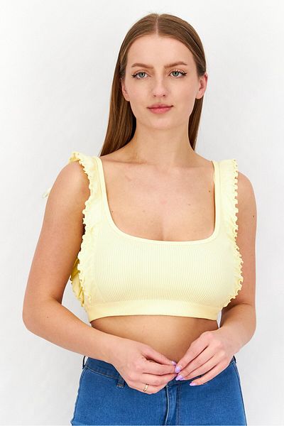 Sinsay Women U-Neck Sleeveless Textured Crop Top, Yellow