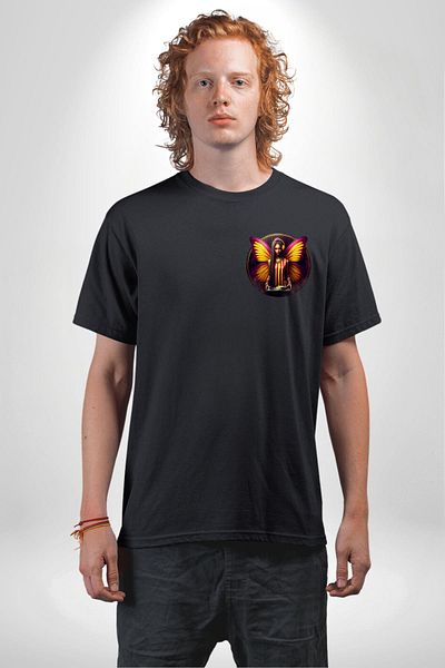 Angemiel Yellow Red Winged Butterfly Dj Fan Black Oversize Women Men Front Minimal Printed T-Shirt
