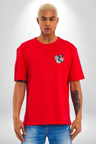 Angemiel Red Oversize Women's Men's Front Minimal Printed T-Shirt