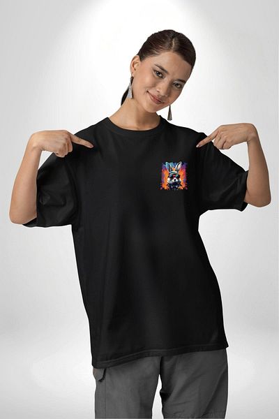 Angemiel Rainbow Party Glasses Bunny Black Oversize Women's Men's Front Minimal Printed T-Shirt