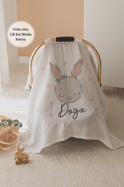 Lilabio %100 Pamuk İsme Özel Çift Katlı Müslin Puset Örtüsü - Tavşan