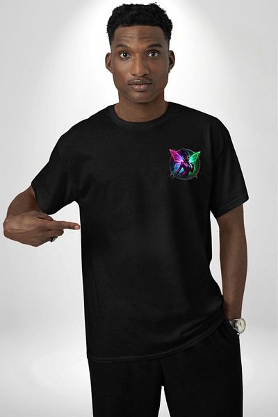 Angemiel Music Black Oversize Women Men Front Minimal Printed T-Shirt with Shiny Wings and Microphone