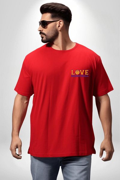 Angemiel Basketball Ball with Love Love Written Red Oversize Women's Men's Front Minimal Printed T-Shirt