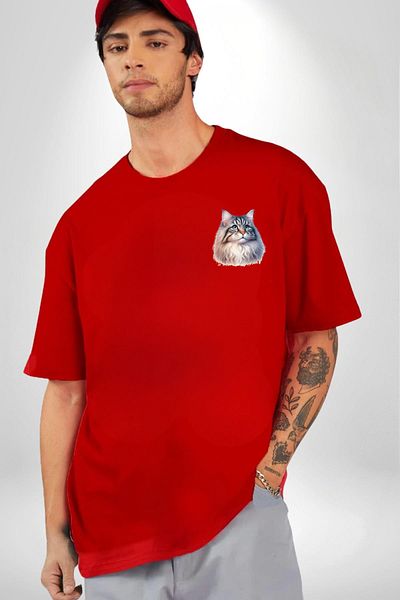 Angemiel Norway Forest Cat Lover Red Oversize Women's Men's Front Minimal Printed T-Shirt