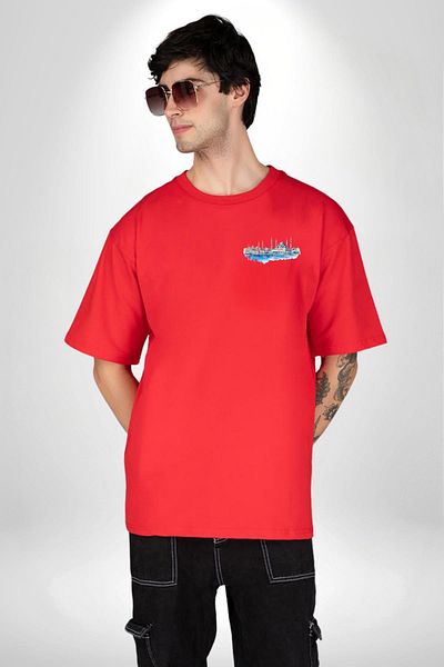 Angemiel Sultanahmet Mosque and Strait Illustration Red Oversize Women's Men's Front Minimal Printed T-Shirt