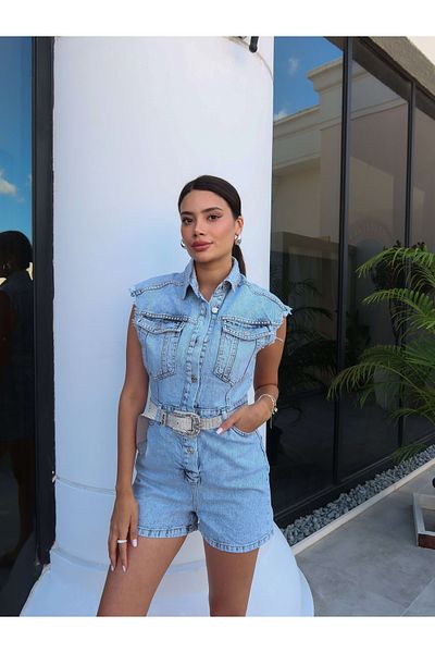 ESRAHELVACI Salopetă din denim brodat cu piatră cu mâneci zero