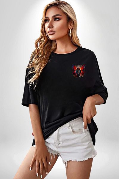 Angemiel Dj Style Design with Red Orange Wings Black Oversize Women Men Front Minimal Printed T-Shirt
