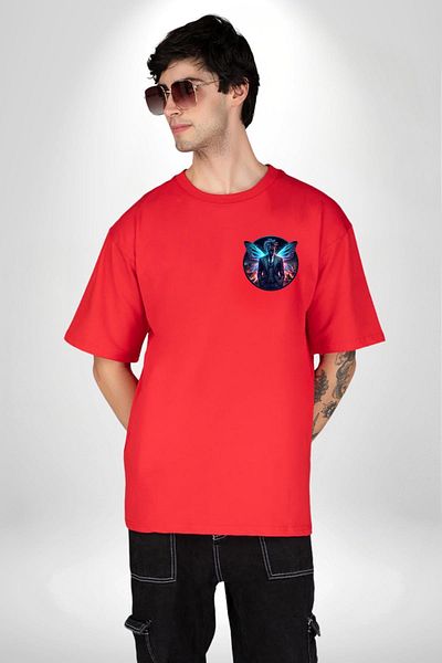 Angemiel Blue Neon Winged Suit Tie Red Oversize Women's Men's Front Minimal Printed T-Shirt