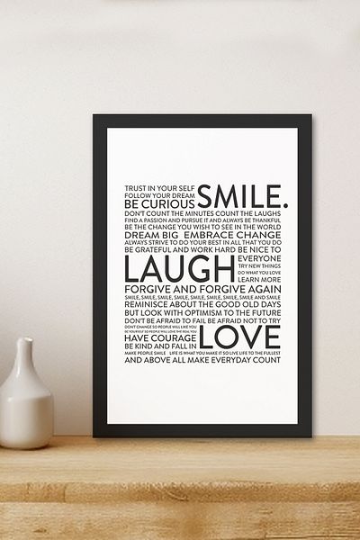 Zevahir Mobilya Dekorasyon 1 Piece Smile Laugh Love Written Wooden Black Frame Look Mdf Table
