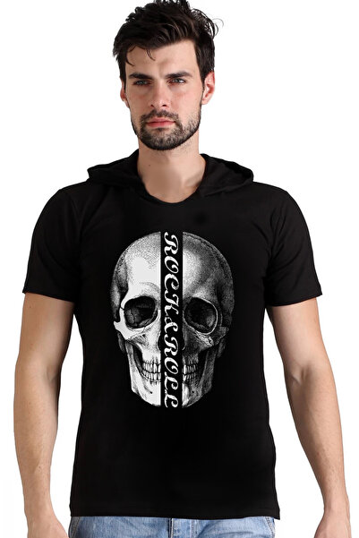 ROCKANDROLL Tricou cu mânecă scurtă cu glugă neagră Semi Skull pentru bărbați