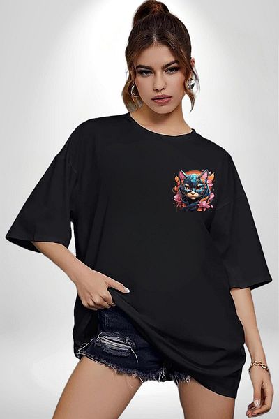 Angemiel Robotic Cat Cyberpunk Cyber Cat Black Oversize Women's Men's Front Minimal Printed T-Shirt