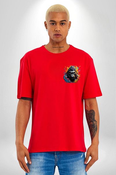 Angemiel Gorilla Design Red Oversize Women's Men's Front Minimal Printed T-Shirt with Vibrant Colors