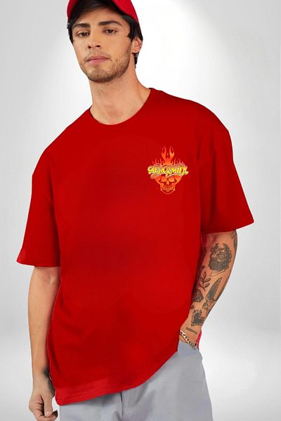 Angemiel Aerosmith Fire Skull Red Oversize Women's Men's Front Minimal Printed T-Shirt