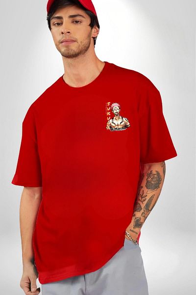 Angemiel Sukuna Jujutsu Kaisen's Cursed Power Anime Red Oversize Women Men Front Minimal Printed T-Shirt