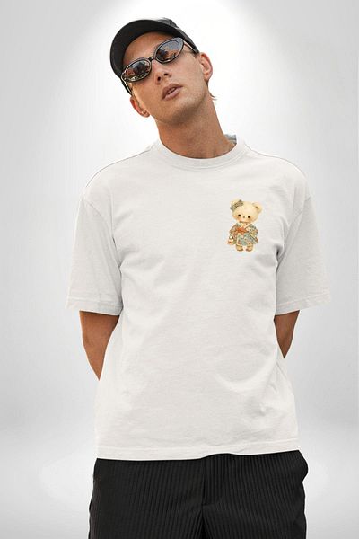 Angemiel Teddy Bear in Floral Patterned Dress White Oversize Women's Men's Front Minimal Printed T-Shirt