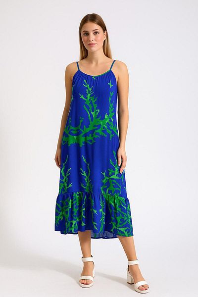 AGORATEKSTİL Women's Rope Strap Coral Pattern Viscose Fabric Long Dress