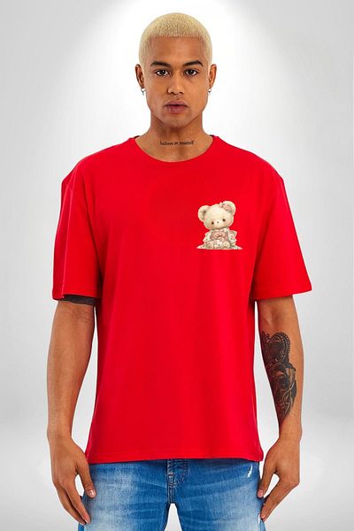 Angemiel Pink Teddy Bear Design with Kimono Red Oversize Women's Men's Front Minimal Printed T-Shirt