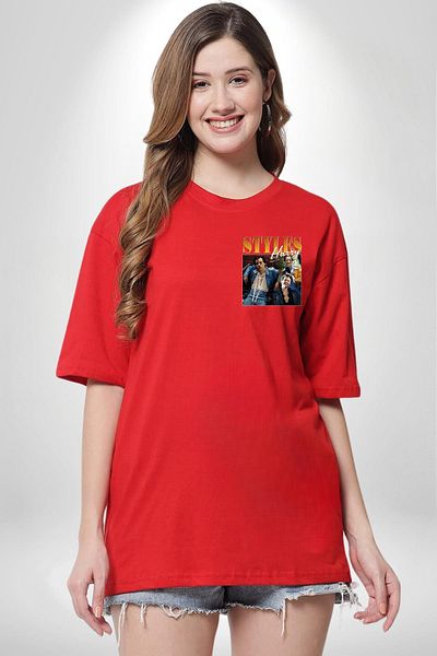 Angemiel Harry Styles Fashion Popular Singer Red Oversize Women Men Front Minimal Printed T-Shirt