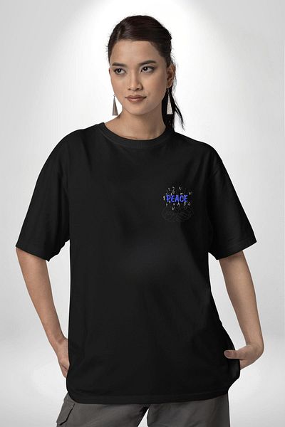 Angemiel Peace Themed Letters and Hand Illustration Black Oversize Women's Men's Front Minimal Printed T-Shirt