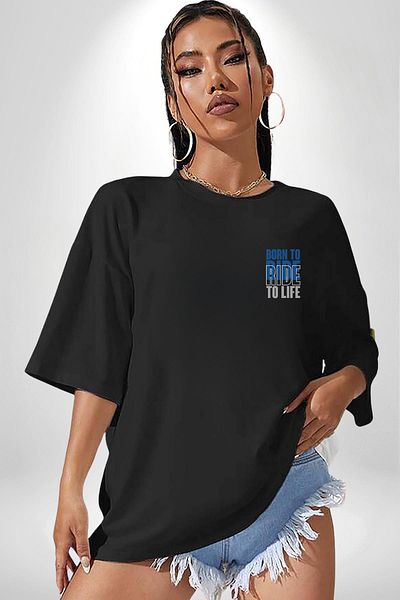 Angemiel Born to Ride Printed for Motorcycle Lovers Black Oversize Women Men Front Minimal Printed T-Shirt