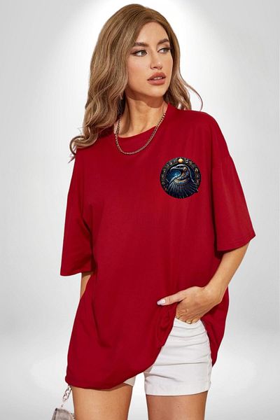 Angemiel Egyptian God Rebirth, Creation Bennu Red Oversize Women's Men's Front Minimal Printed T-Shirt
