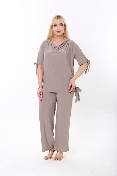 BİrHoşButik Plus Size Full Lycra Sandy Fabric Sweat-Proof Sleeves Lace-Up Loose Collar Elastic Waist Trend Suit