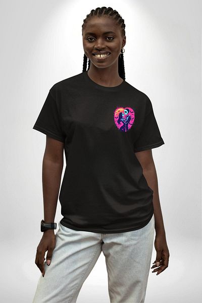 Angemiel Fear and Love Themed Jack & Sally Valentine's Day Black Oversize Women's Men's Front Minimal Printed T-Shirt