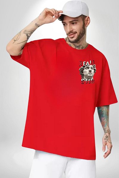 Angemiel Michelangelo David Statue Realistic Written Red Oversize Women's Men's Front Minimal Printed T-Shirt