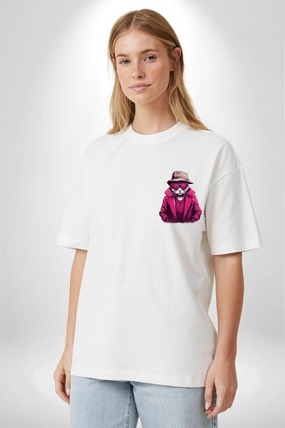 Angemiel Pink Accessory Glasses Cat White Oversize Women's Men's Front Minimal Printed T-Shirt