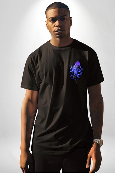 Angemiel Blue Octopus Ocean Themed Black Oversize Women's Men's Front Minimal Printed T-Shirt