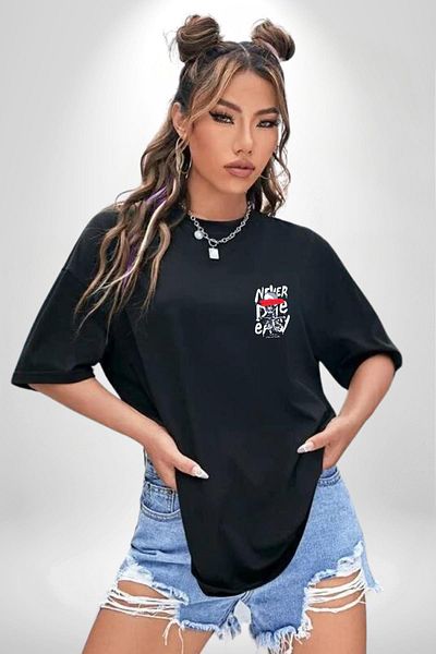 Angemiel Never Die Motivational Message and Creative Design Black Oversize Women Men Front Minimal Printed T-Shirt