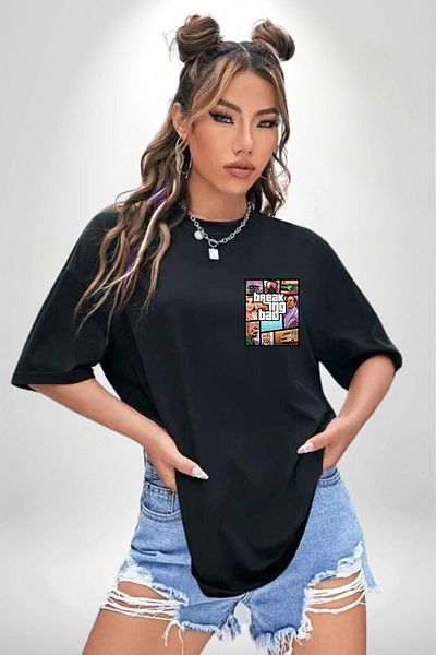 Angemiel Breaking Bad Character Gta Style Black Oversize Women Men Front Minimal Printed T-Shirt