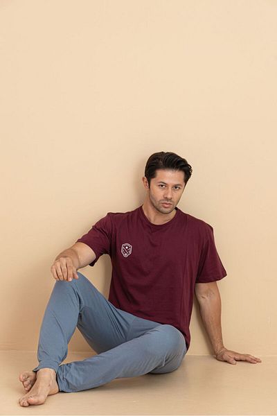trdpodyum Men's Short Sleeve Pocketed Combed Cotton Pajama Set
