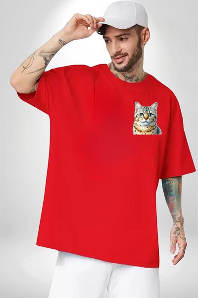 Angemiel Bengal Cat Red Oversize Women's Men's Front Minimal Printed T-Shirt