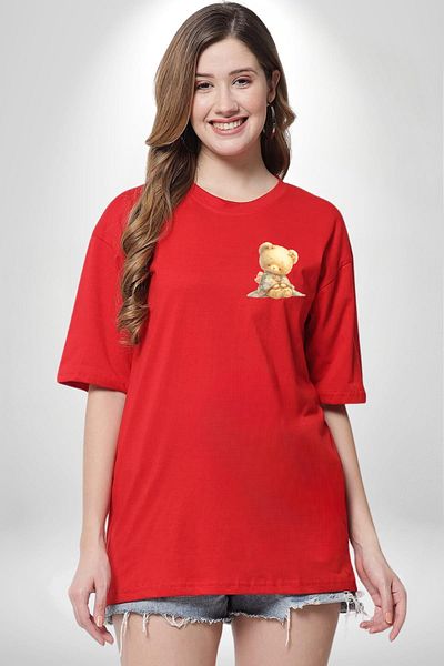 Angemiel Flower Pattern Pastel Tone Teddy Bear and Flower Red Oversize Women's Men's Front Minimal Printed T-Shirt