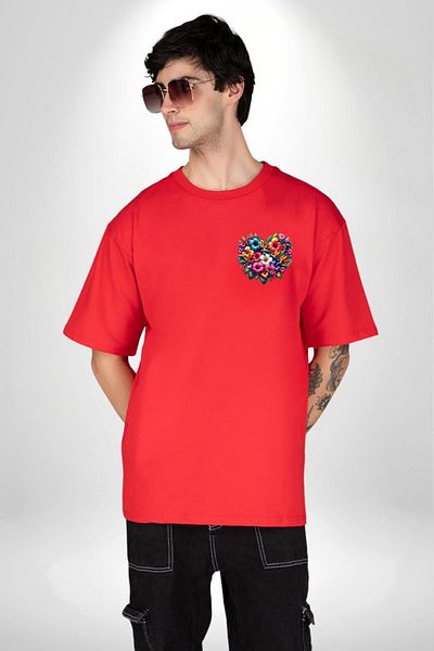 Angemiel تي شيرت Hibiscus Bird of Paradise Plumeria Flower Tropical Red كبير الحجم للنساء والرجال مطبوع من الأمام