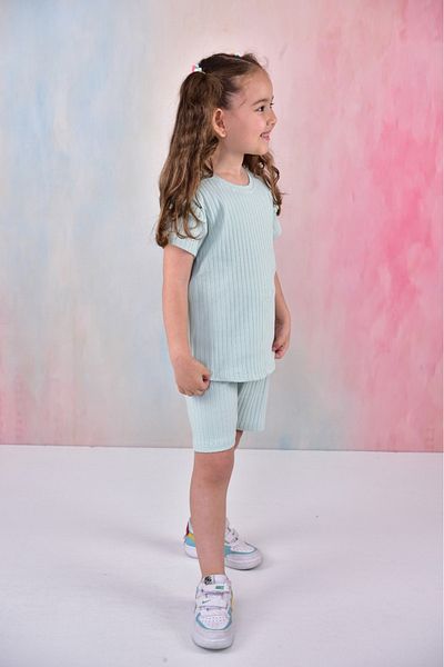 TUGSE Summer Girl's Ruffle Sleeve Shorts Corded Green Color Suit