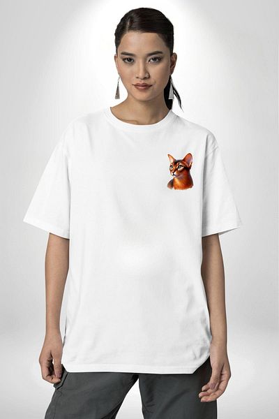 Angemiel Ethiopian Cat Lovers White Oversize Women's Men's Front Minimal Printed T-Shirt