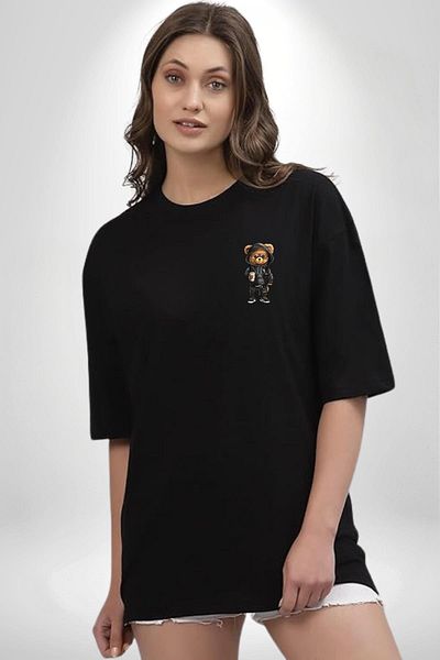Angemiel Comfortable and Stylish Coffee Cafe Teddy Bear Black Oversize Women's Men's Front Minimal Printed T-Shirt
