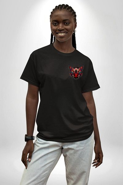 Angemiel Hip Hop Style Red Hooded Winged Men's Black Oversize Women's Men's Front Minimal Printed T-Shirt
