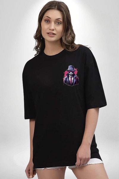 Angemiel Cool Detective Cat Black Oversize Women's Men's Front Minimal Printed T-Shirt