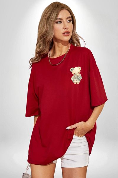 Angemiel Blue Square Patterned Teddy Bear Kawaii Style Red Oversize Women's Men's Front Minimal Printed T-Shirt