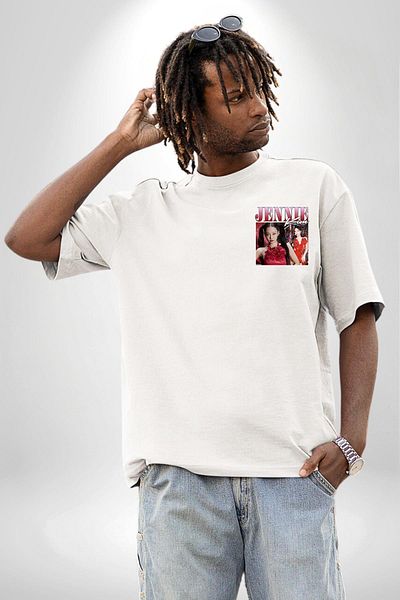 Angemiel Jennie Kim K-Pop Music Star White Oversize Women Men Front Minimal Printed T-Shirt